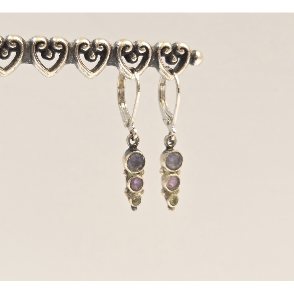 Vtg Sterling Silver Graduated Multi Gemstone Dangle Earrings Peridot Amethyst